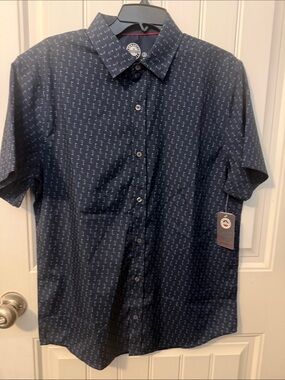Flag & Anthem Men's Navy Short-Sleeve Button-Down Shirt with Micro Print